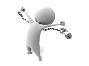 figure stretching arms out escaping chain with lock